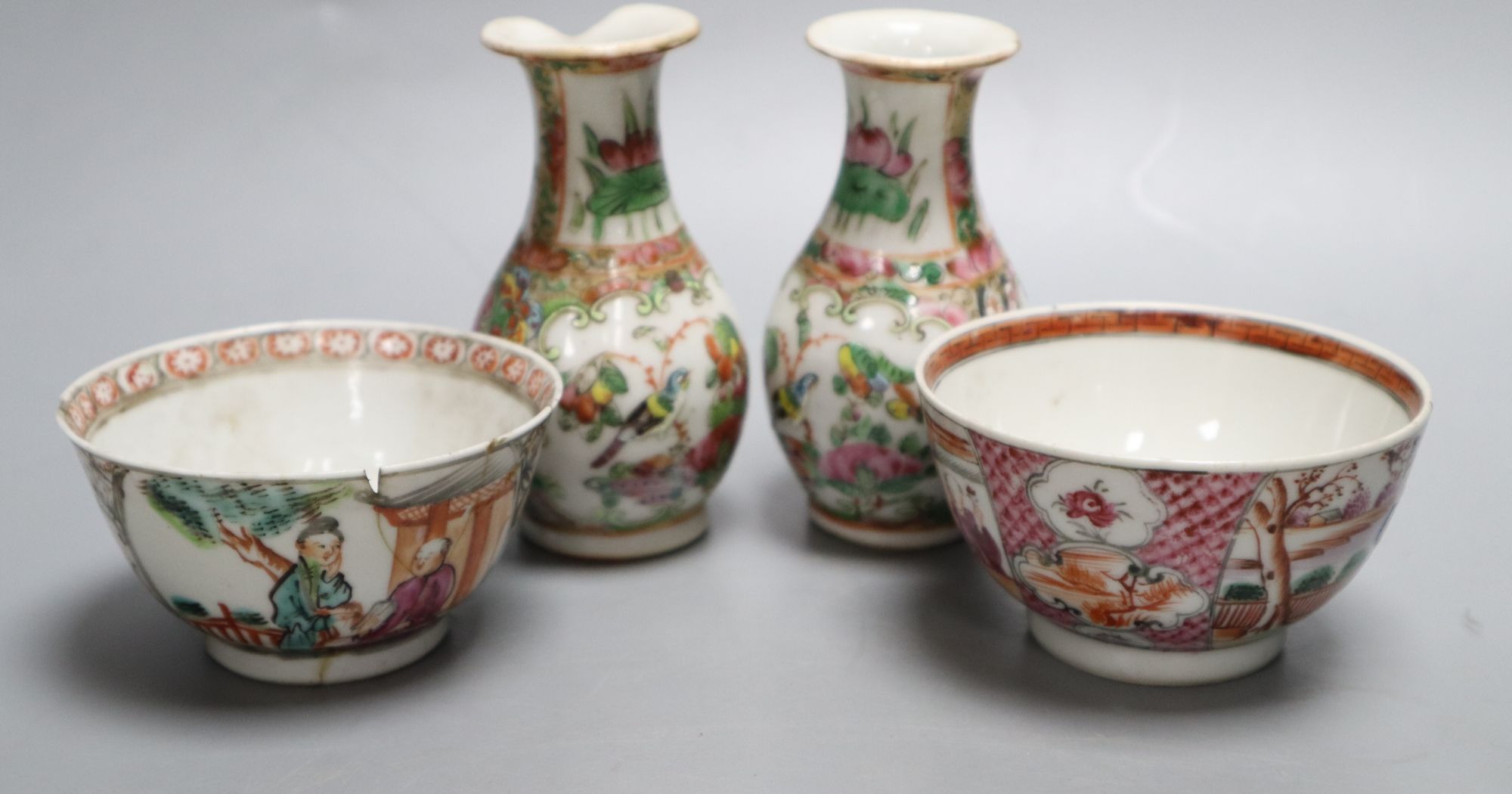 A group of Chinese famille rose tea wares and miniature vases, 19th century, tallest 9.5cm, damage